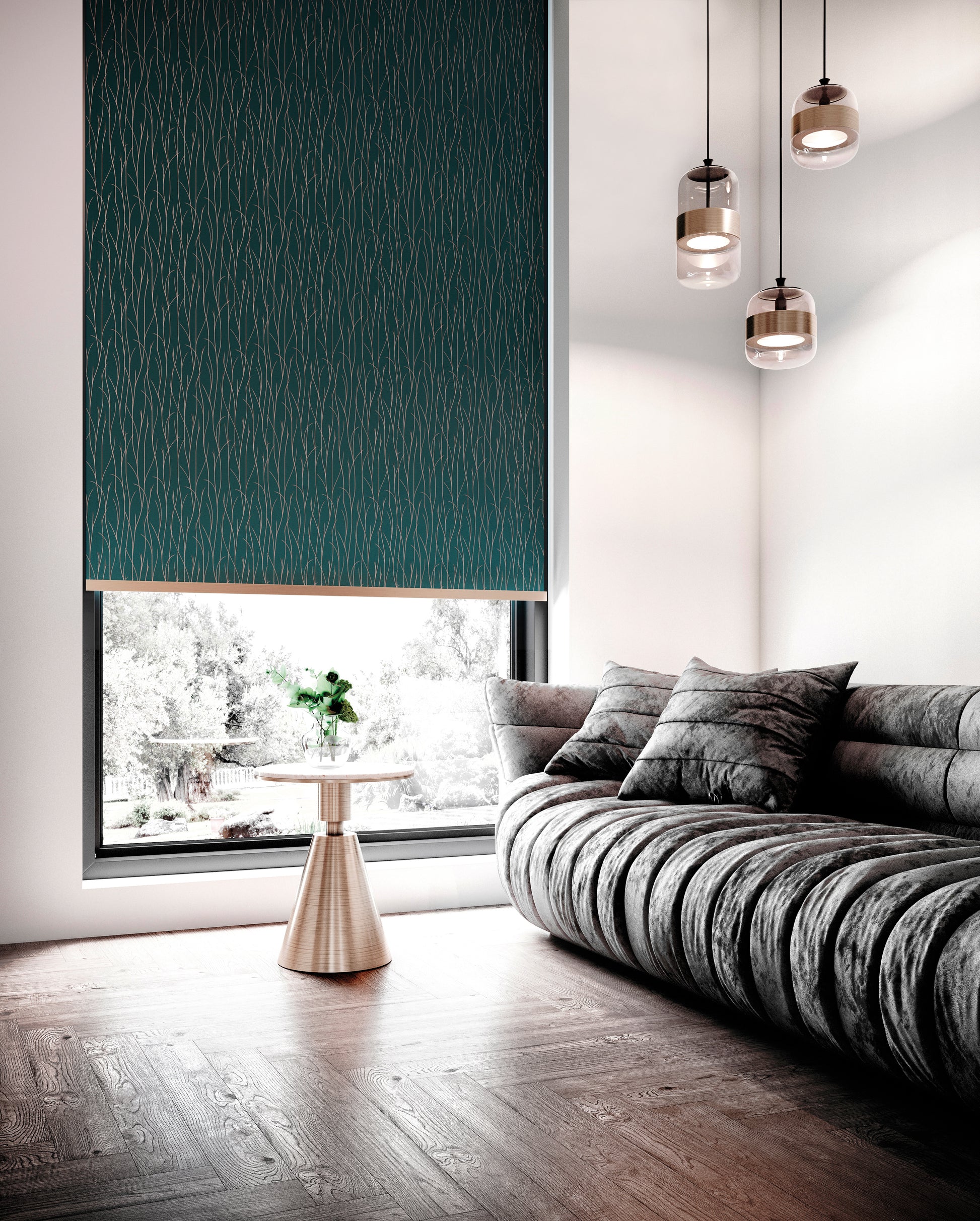 Ontdek onze lichtdoorlatende rolgordijnen in donker turquoise met een goud grasmotief. Bereik de perfecte balans tussen privacy en natuurlijk licht, eenvoudig aan te passen voor ultiem comfort. Voeg een vleugje eigentijdse stijl en luxe toe aan elke kamer met deze gordijnen. Upgrade je interieur en geniet van hun veelzijdigheid en gebruiksgemak!